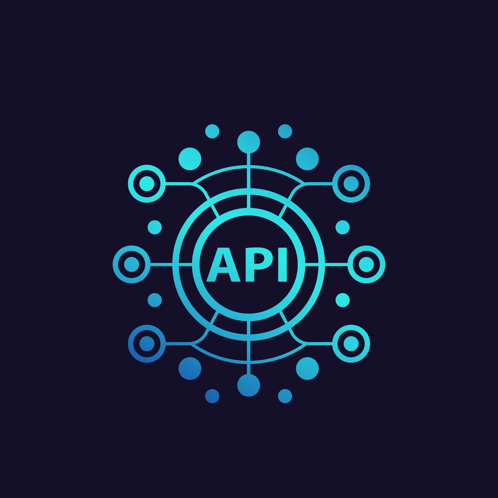 The letters API at the centre of a cyan network diagram, its spokes radiating to eight ringed nodes on dark navy.