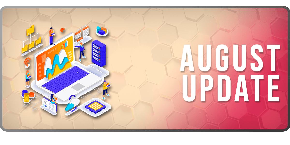 The Market Data August Update banner: an isometric illustration of a figure presenting an easel of charts beside a large monitor, beside the words AUGUST UPDATE