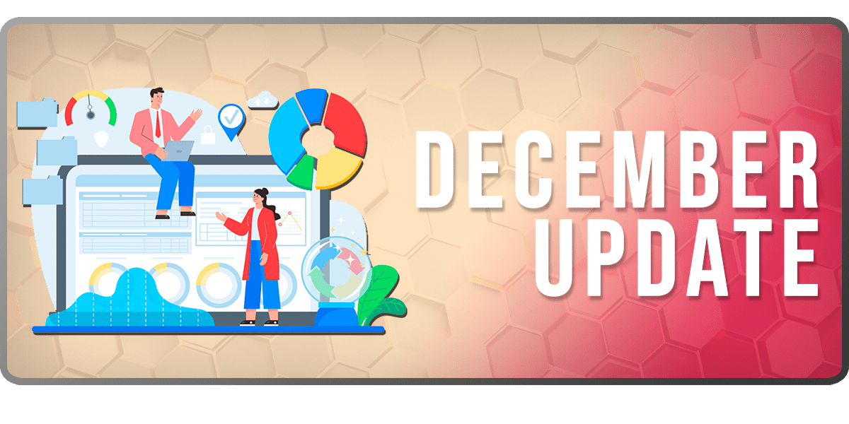 The Market Data December Update banner: an isometric illustration of a figure presenting a pie chart beside a map pin and a bar chart, beside the words DECEMBER UPDATE