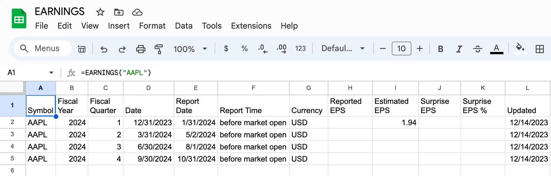 Google Sheets with =EARNINGS("AAPL") in cell A1, returning AAPL's four fiscal 2024 quarters with report dates 1/31/2024, 5/2/2024, 8/1/2024 and 10/31/2024, all before market open, and an estimated EPS of 1.94 for the first