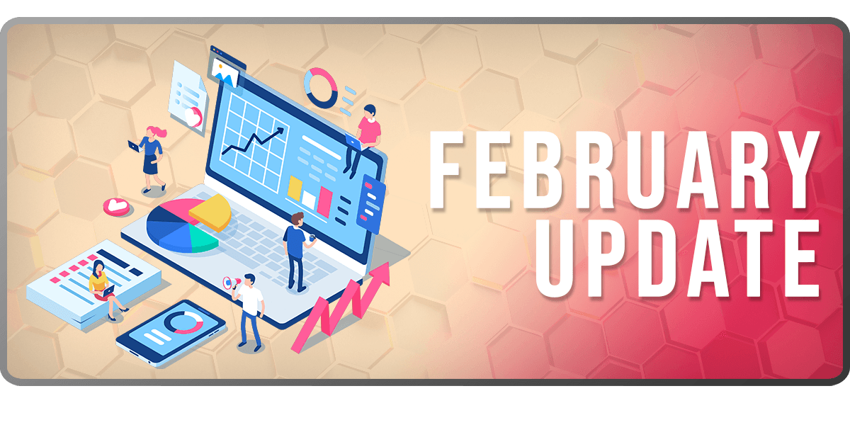 The Market Data February Update banner: an isometric illustration of figures gathered around a screen showing a segmented pie chart, beside the words FEBRUARY UPDATE