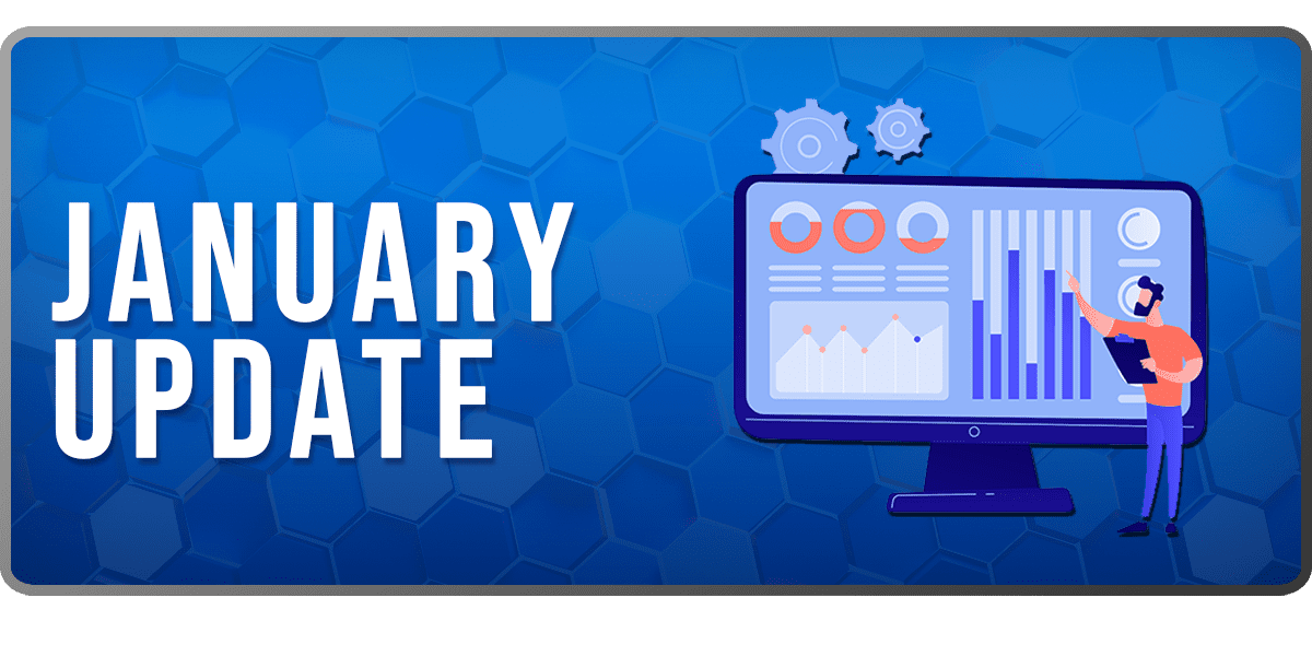 The Market Data January Update banner: an isometric illustration of a figure at a large screen of bar charts, with gears above it, beside the words JANUARY UPDATE