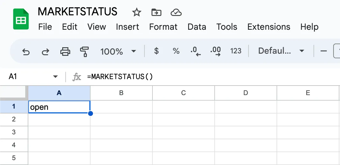 Google Sheets with =MARKETSTATUS() in the formula bar for cell A1, which returns the single word open
