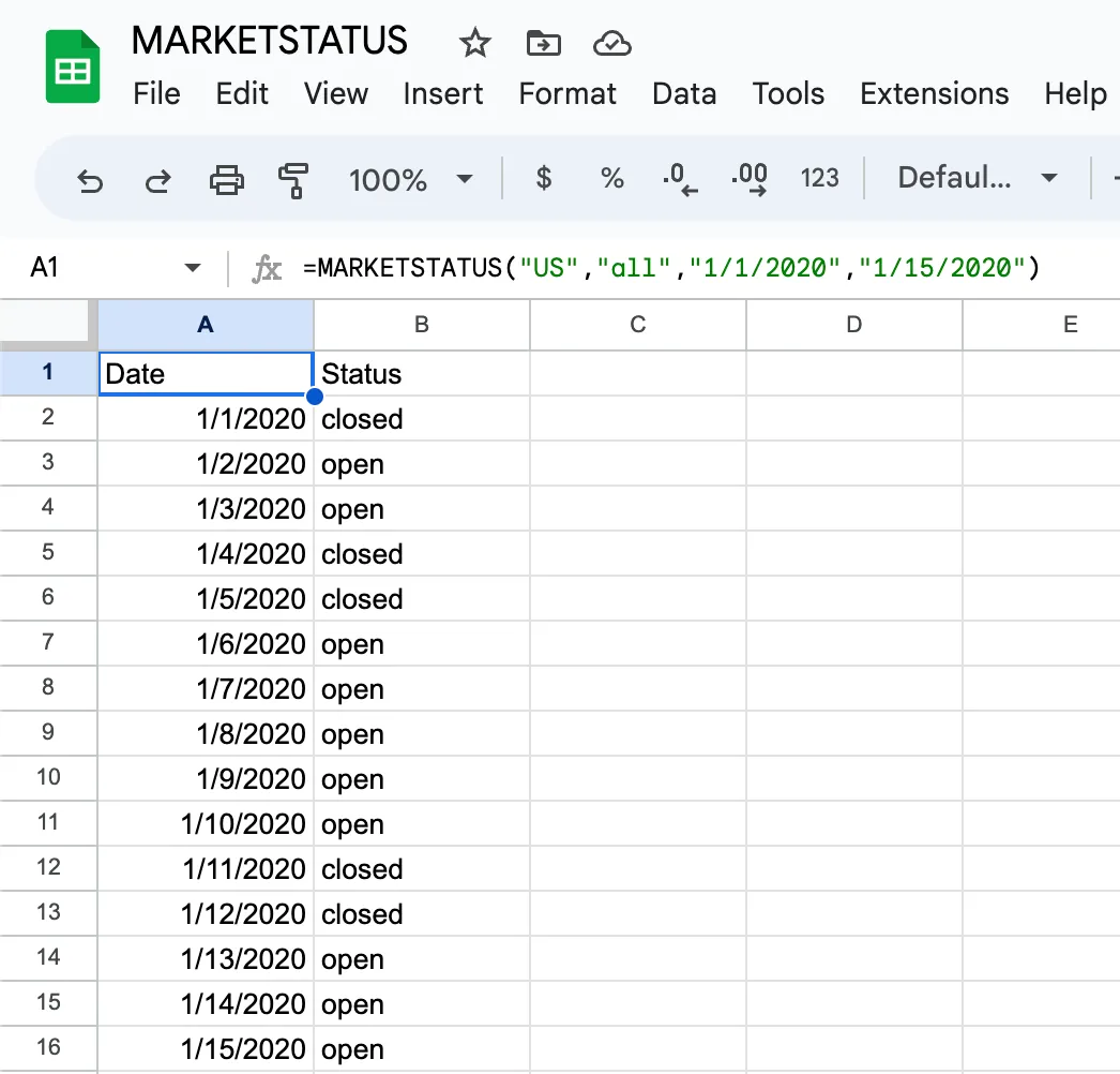 MARKETSTATUS called with the fixed past dates 1/1/2020 and 1/15/2020, returning a fifteen-row Date and Status array in which New Year’s Day and the weekends are closed