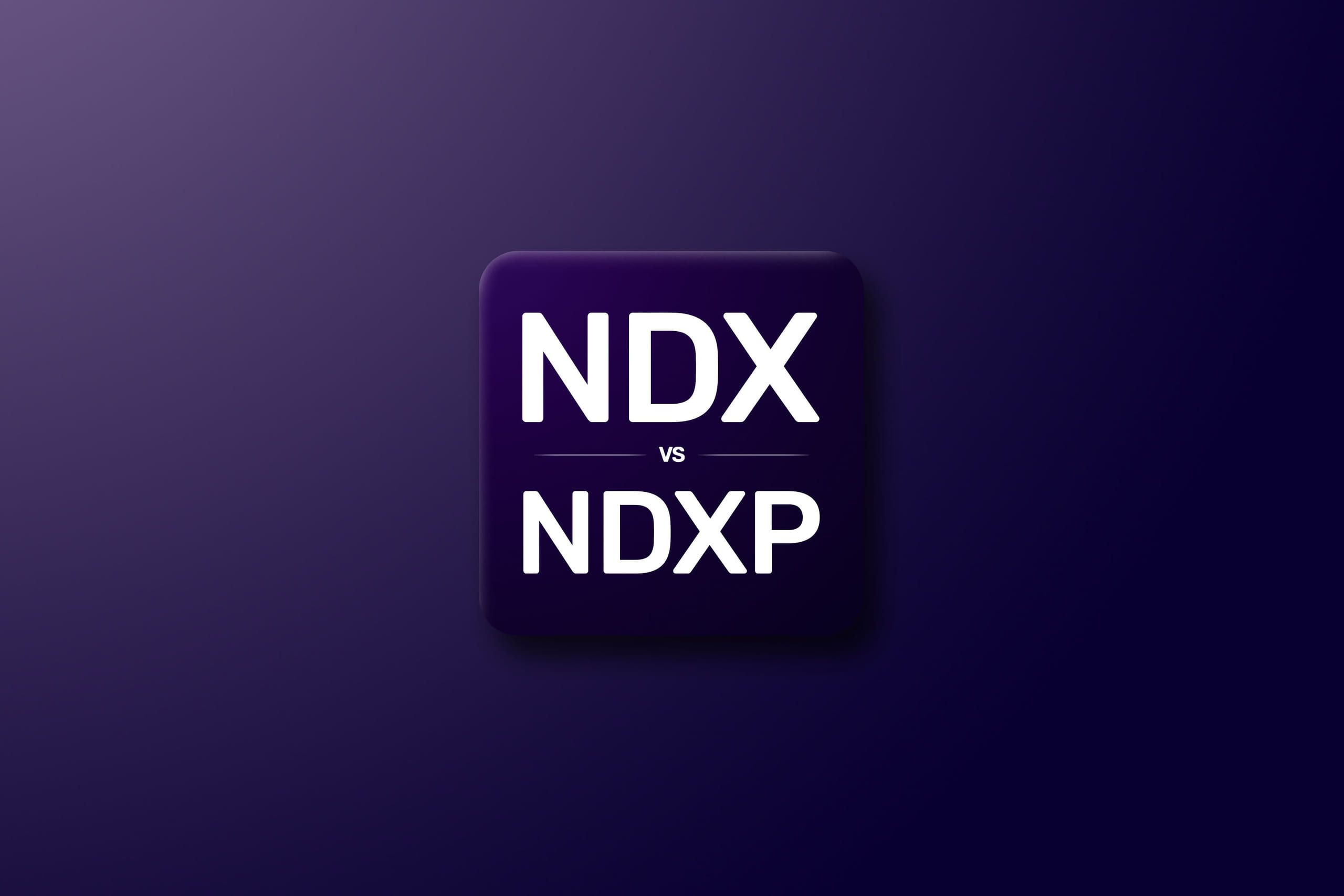 A dark purple tile lettered NDX above NDXP, separated by the word vs, on a purple gradient background.
