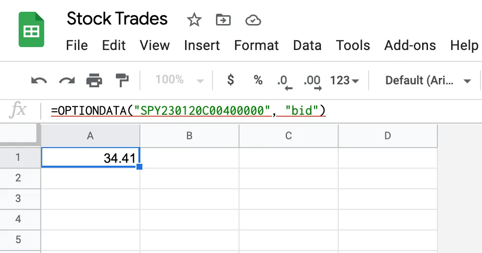 Google Sheets with =OPTIONDATA("SPY230120C00400000", "bid") in cell A1, returning a bid of 34.41