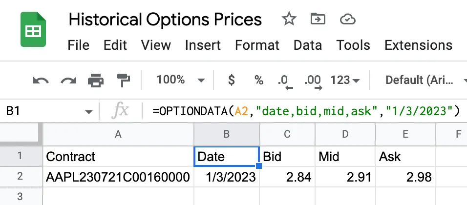 Google Sheets with =OPTIONDATA(A2,"date,bid,mid,ask","1/3/2023") in cell B1, returning one row for AAPL230721C00160000 — date 1/3/2023, bid 2.84, mid 2.91, ask 2.98