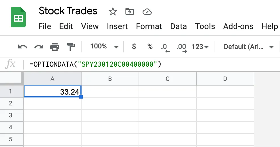 Google Sheets with =OPTIONDATA("SPY230120C00400000") in cell A1, returning a mid price of 33.24