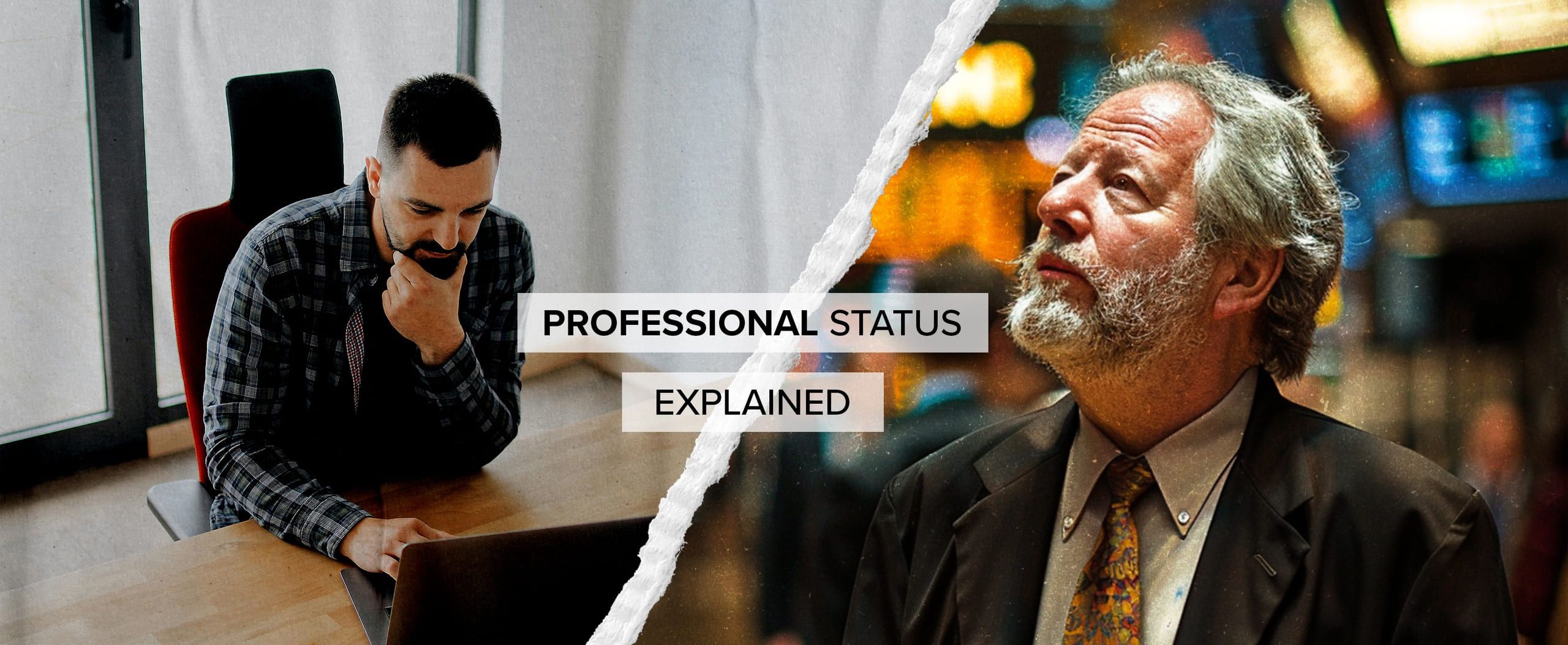 A torn-edge split: a man in plaid at a laptop, a suited trader on an exchange floor, lettered PROFESSIONAL STATUS EXPLAINED.
