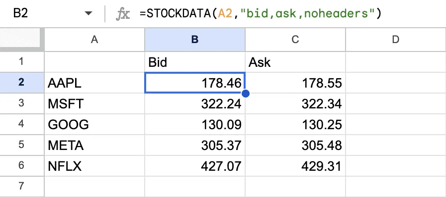 STOCKDATA spreadsheet without headers