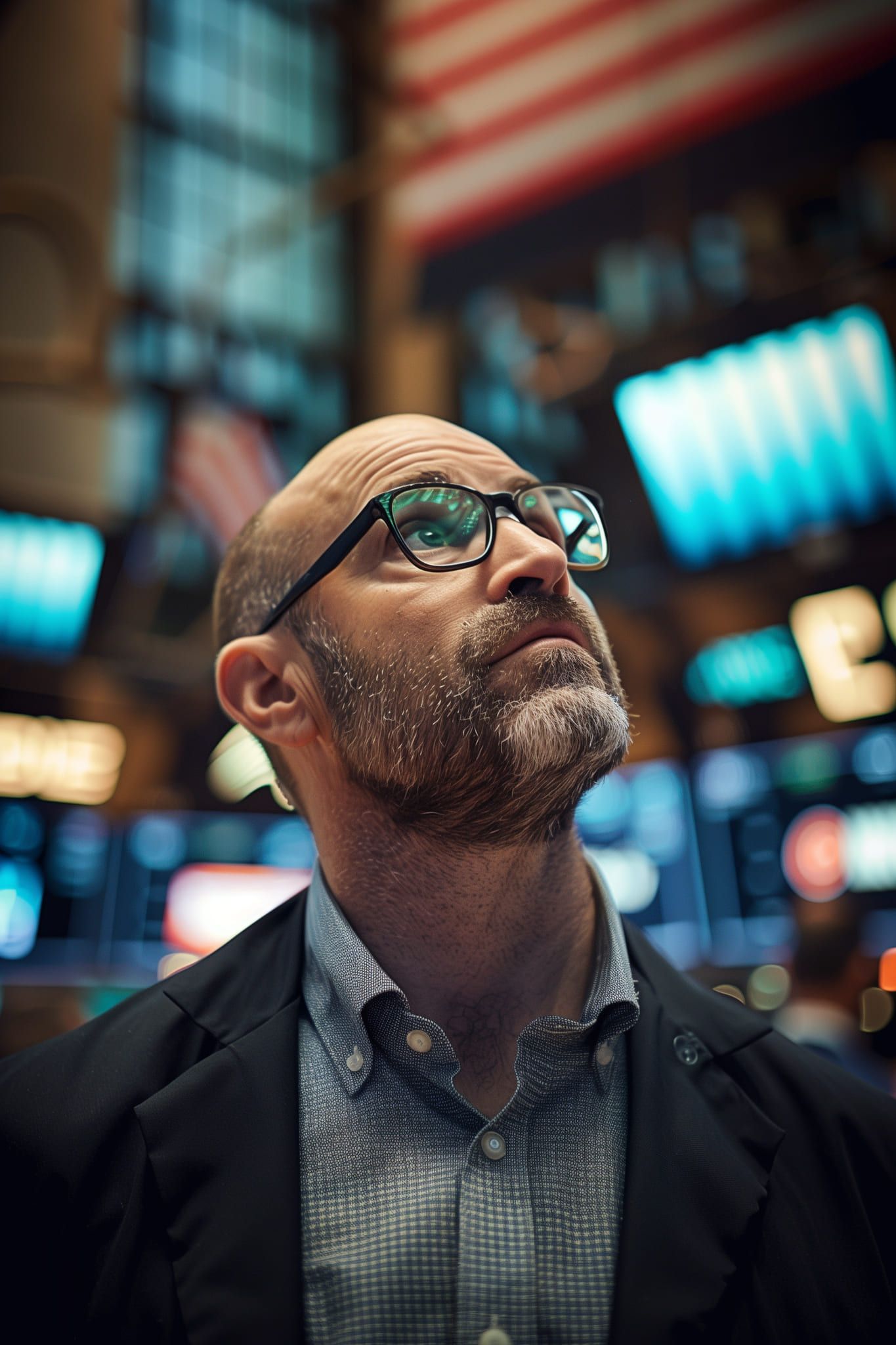 A bearded man in glasses and a blazer looking up at a wall of blurred trading screens